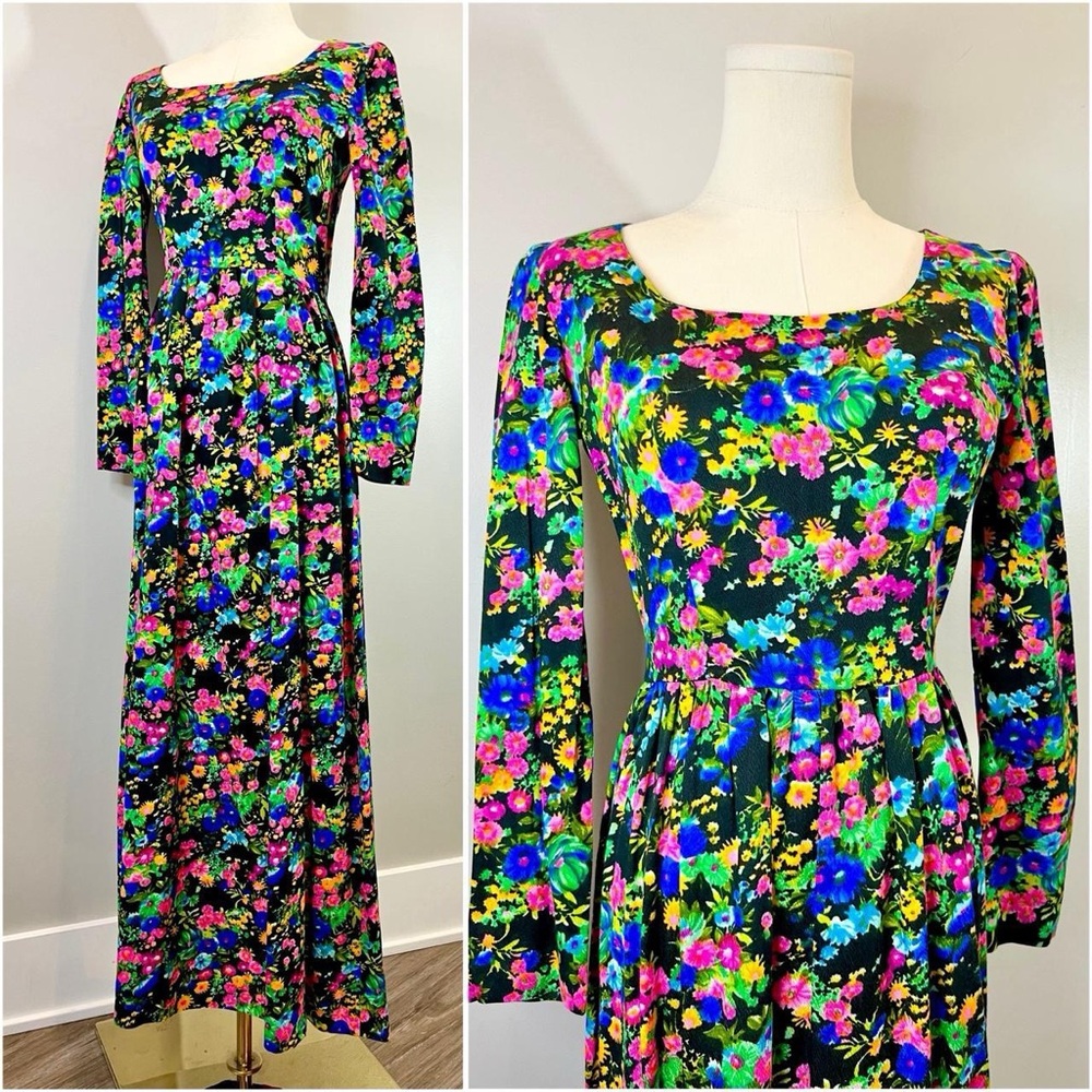 Vintage 1970s Dayglo Barkcloth Dress Rainbow Neon Psychedelic Vibrant Hawaiian